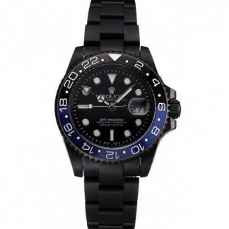 Réplique Rolex GMT Master II Cadran noir Lunette bleue et noire Boîtier et bracelet en PVD noir